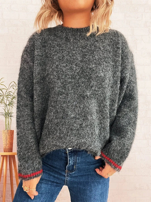 Dark Gray One Size Contrast Trim Round Neck Cozy Sweater Tops and T-Shirts
