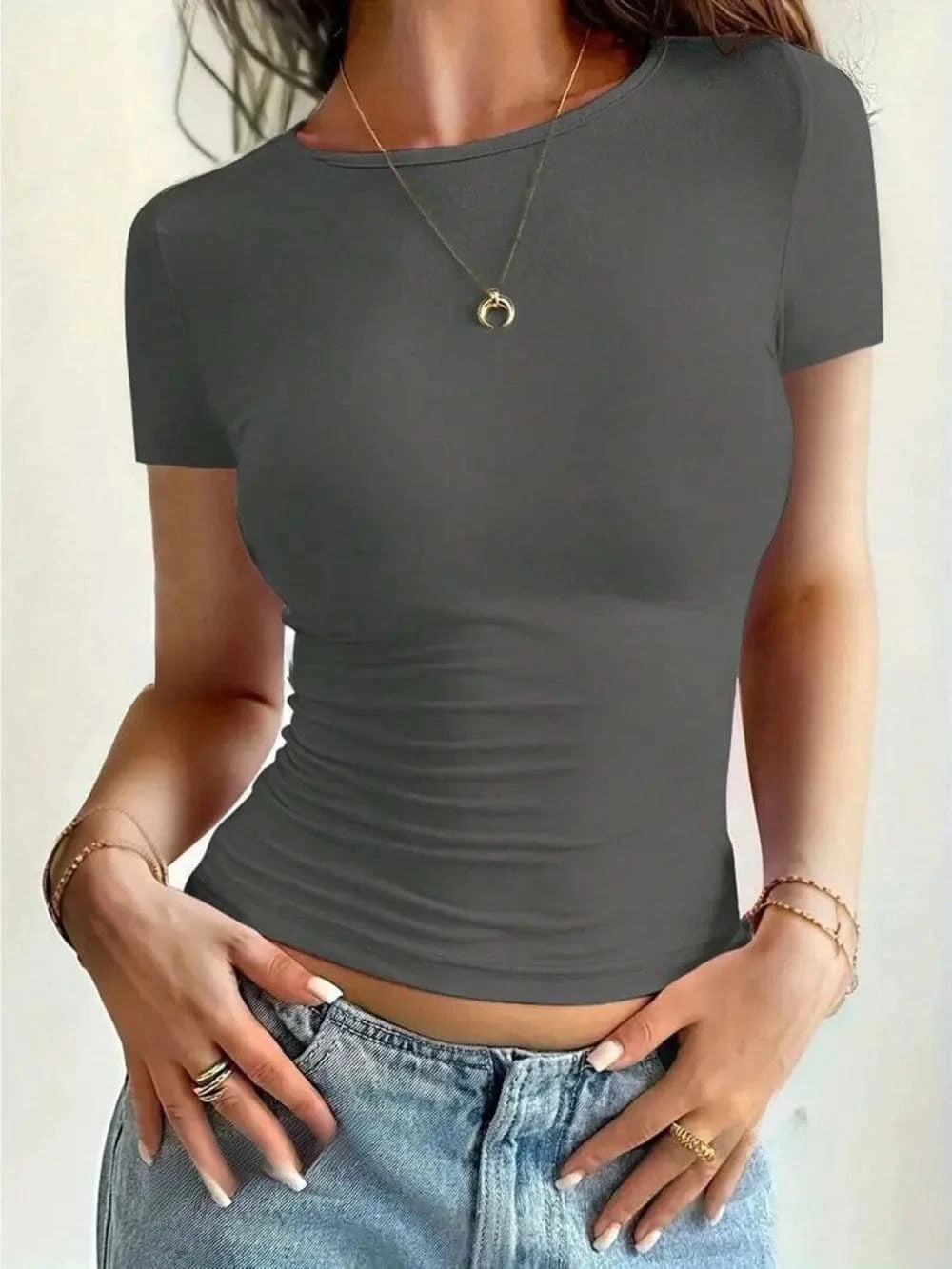 Dark Gray Round Neck Short Sleeve T-Shirt Tops and T-Shirts