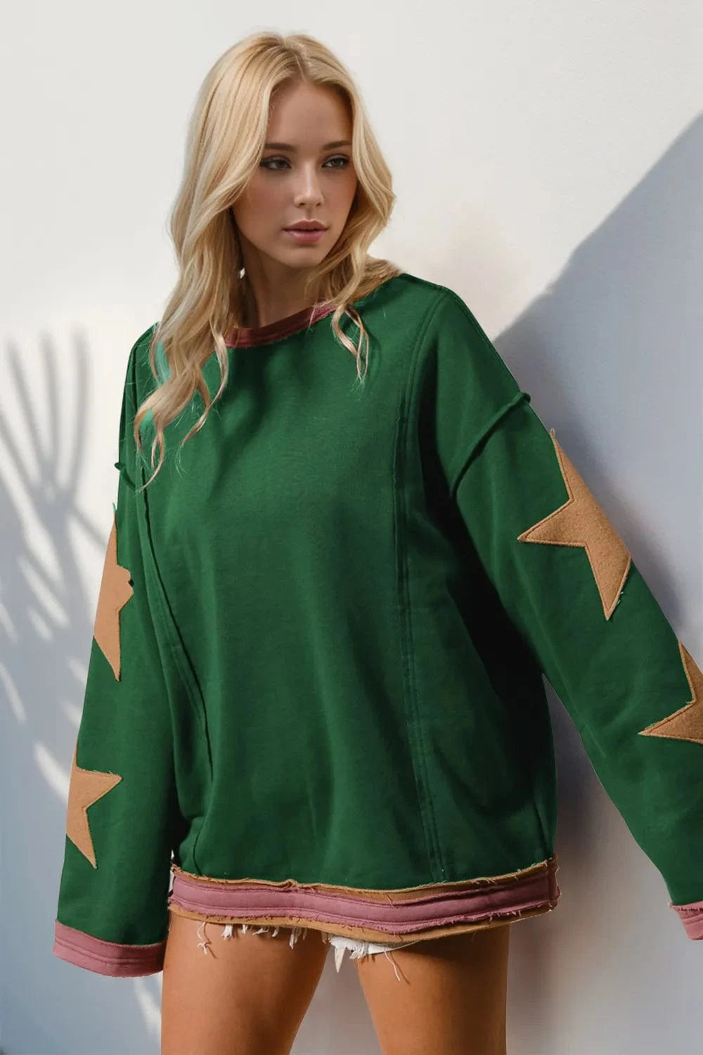 Dark Green Double Take Star Patched Long Sleeve Sweatshirt Tops and T-Shirts