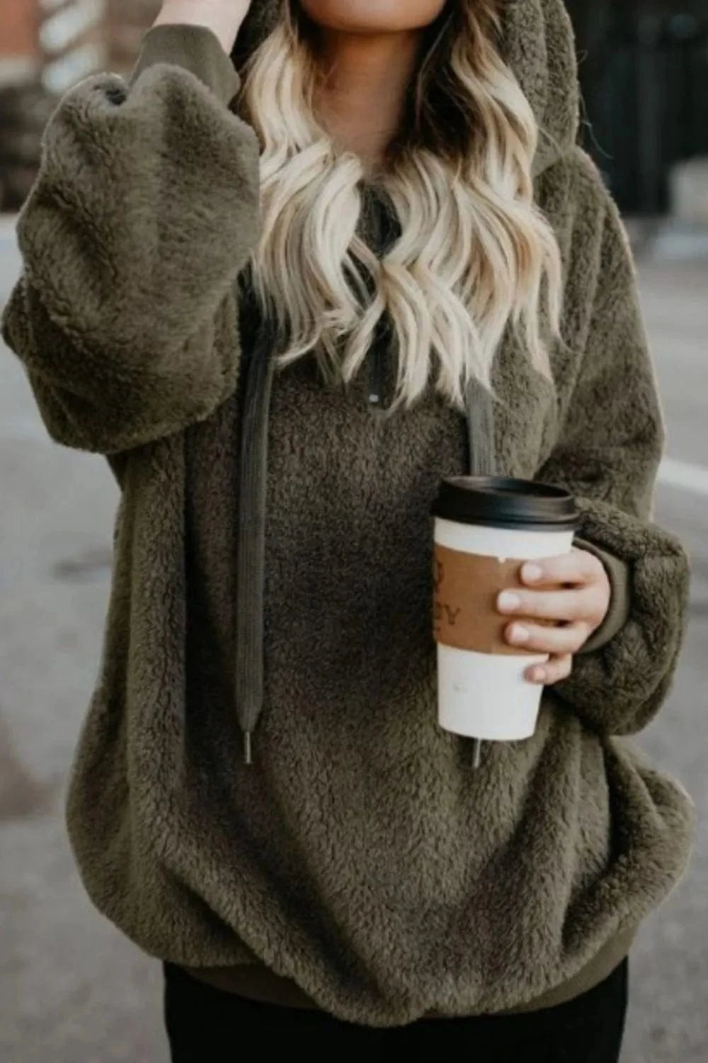 Dark Green Full Size Quarter-Zip Drawstring Teddy Hoodie Tops and T-Shirts