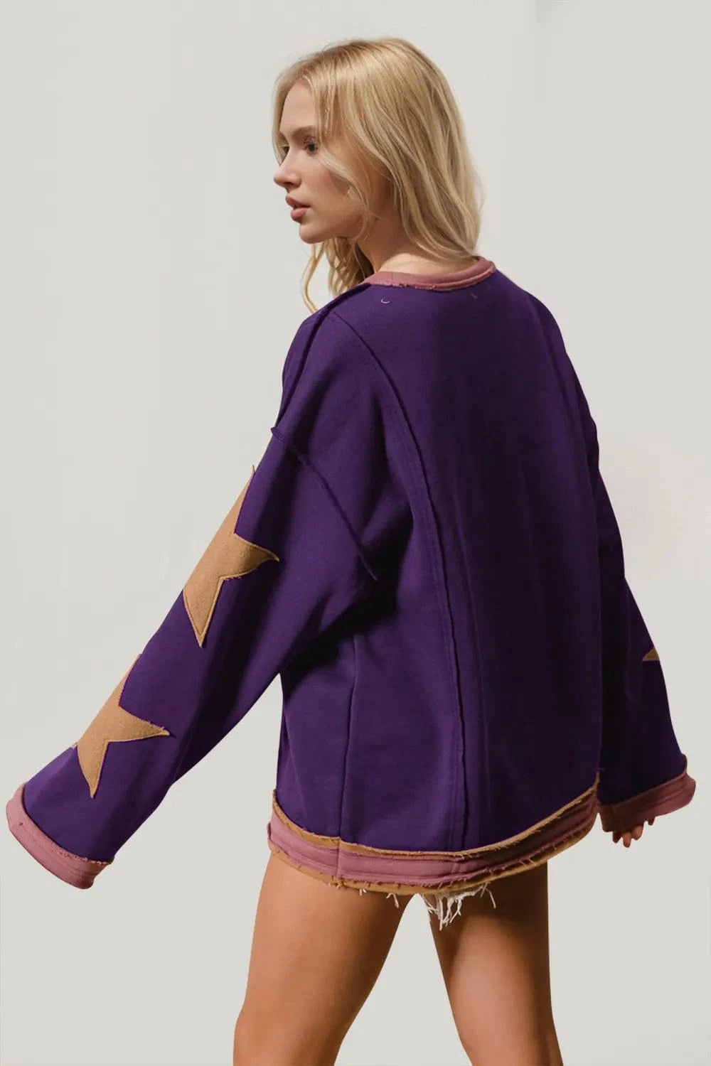 Double Take Star Patched Long Sleeve Sweatshirt Tops and T-Shirts