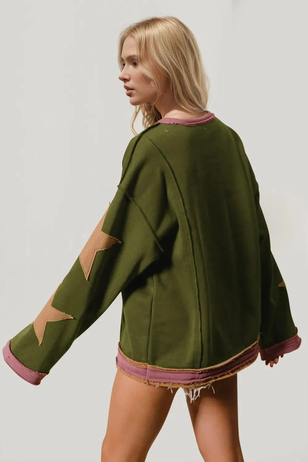 Double Take Star Patched Long Sleeve Sweatshirt Tops and T-Shirts