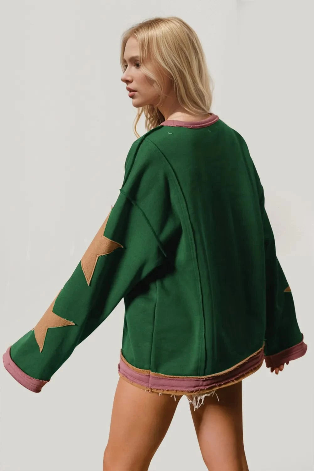 Double Take Star Patched Long Sleeve Sweatshirt Tops and T-Shirts