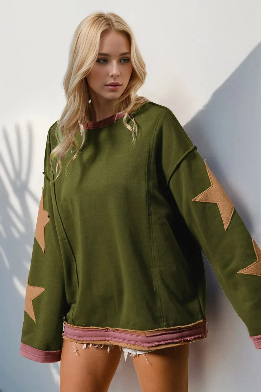 Double Take Star Patched Long Sleeve Sweatshirt Tops and T-Shirts
