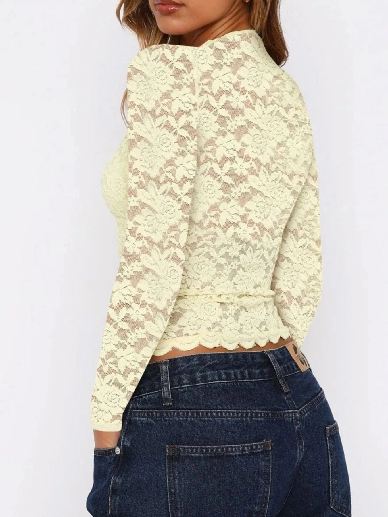 Floral Lace Long Sleeve Deep V-Neck Blouse with Scalloped Hem Tops and T-Shirts