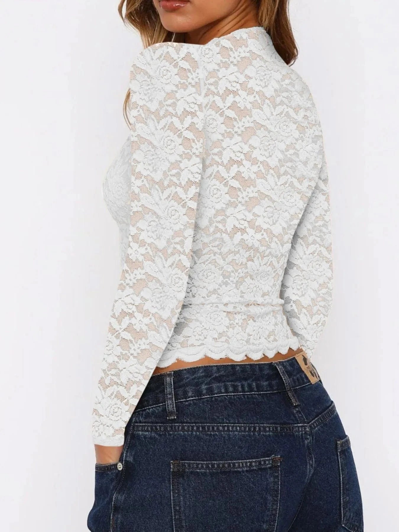 Floral Lace Long Sleeve Deep V-Neck Blouse with Scalloped Hem Tops and T-Shirts