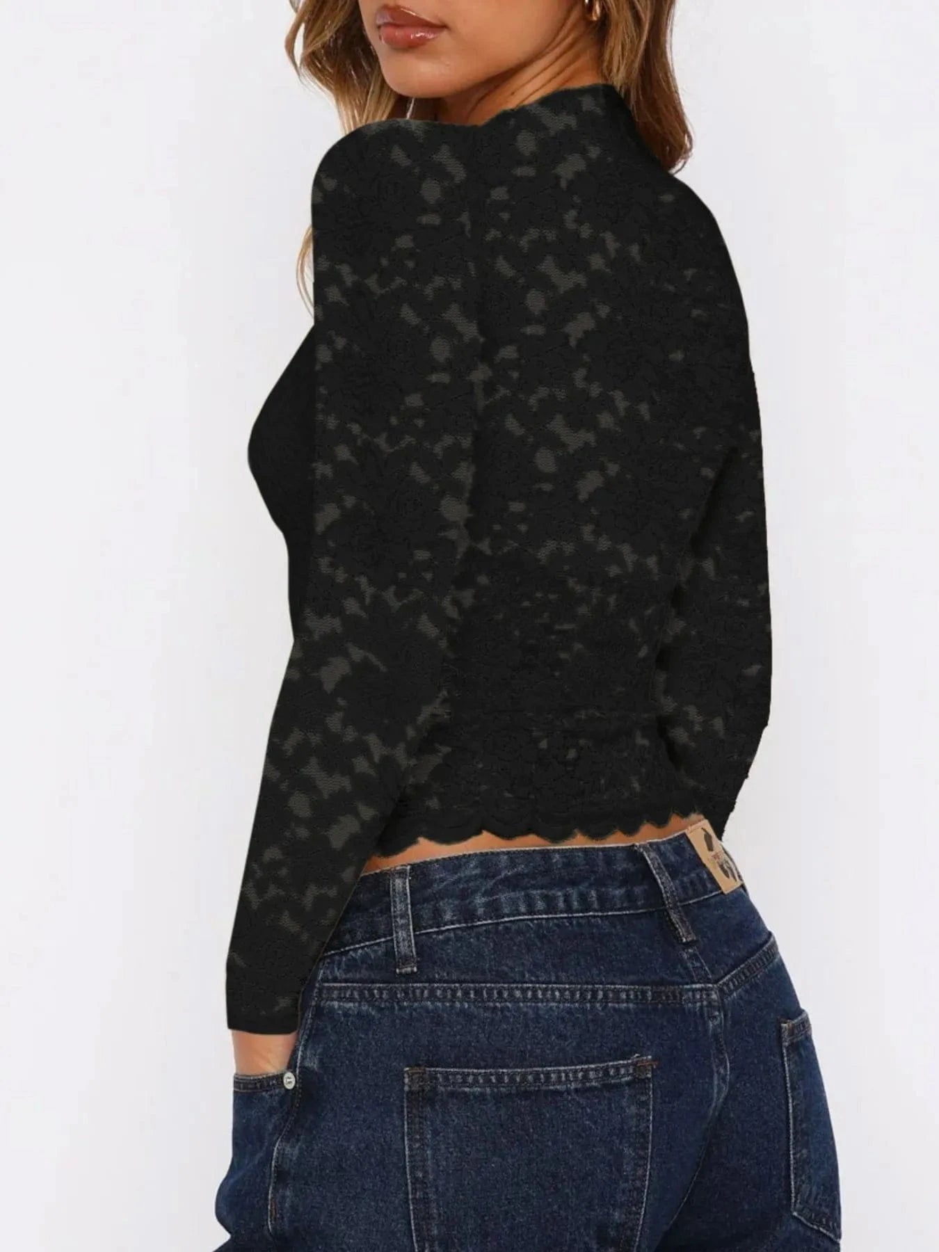 Floral Lace Long Sleeve Deep V-Neck Blouse with Scalloped Hem Tops and T-Shirts