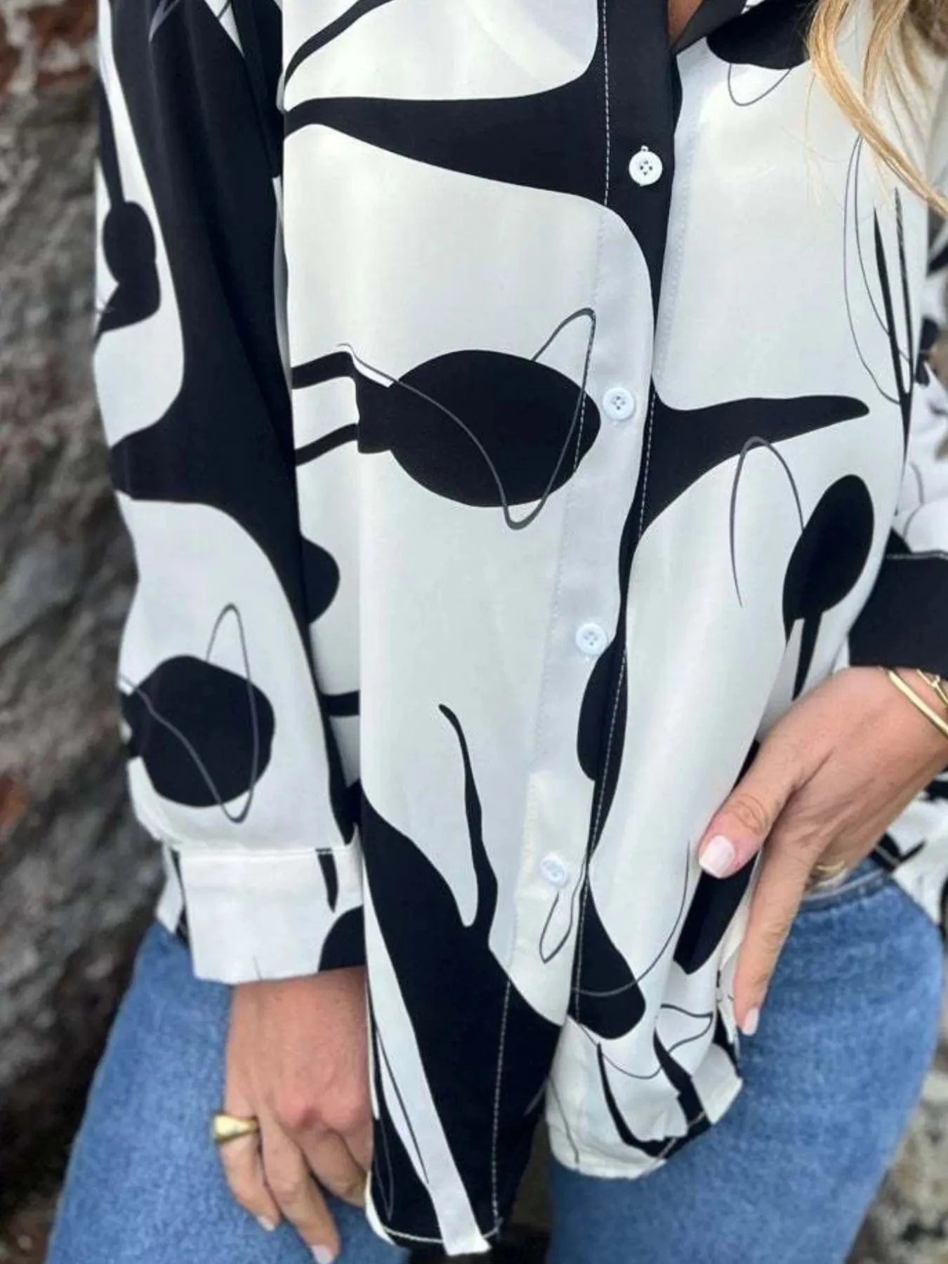 Full Size Abstract Print Long Sleeve Button-Up Shirt Plus Size Tops and T-Shirts
