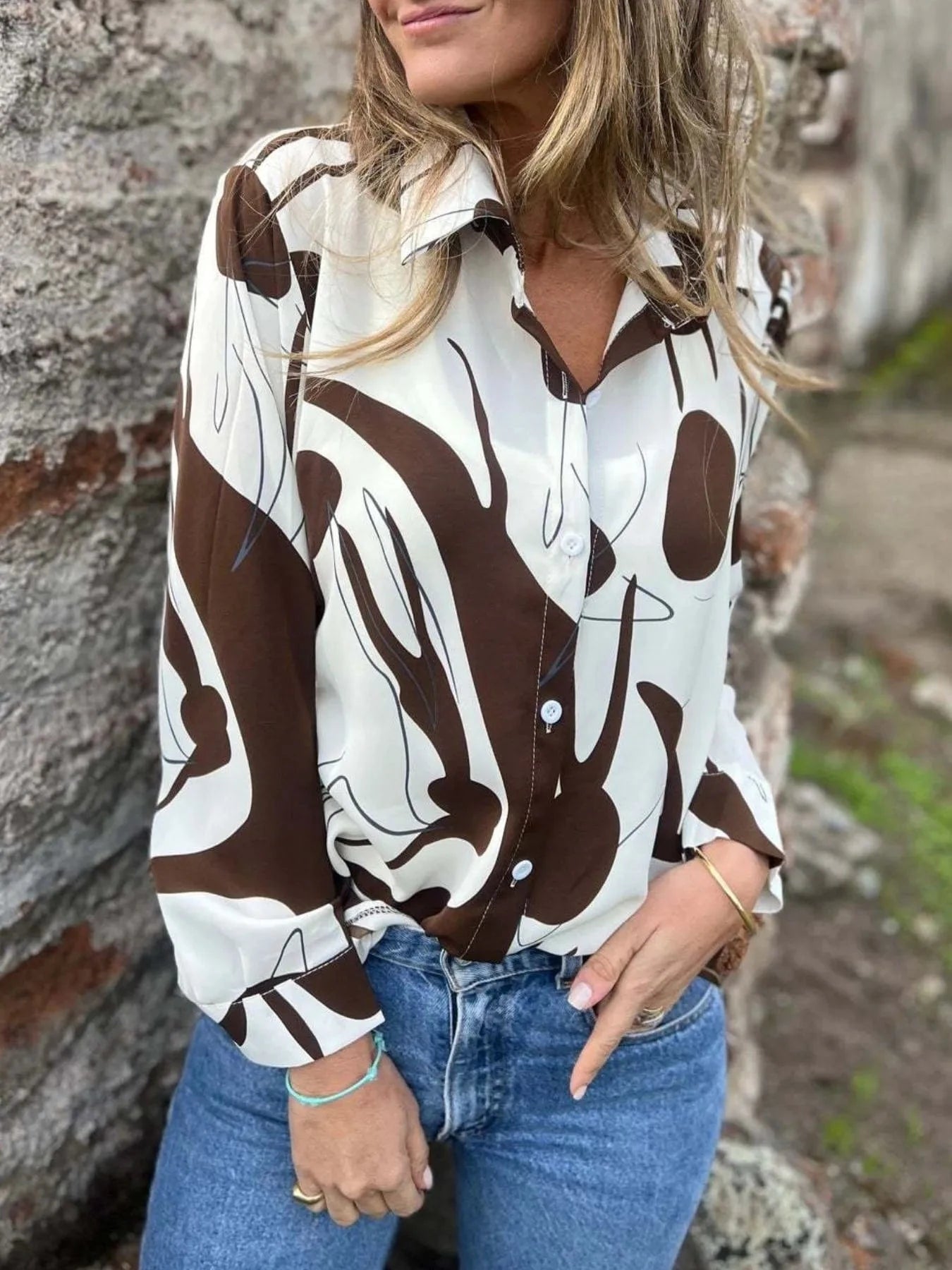 Full Size Abstract Print Long Sleeve Button-Up Shirt Plus Size Tops and T-Shirts