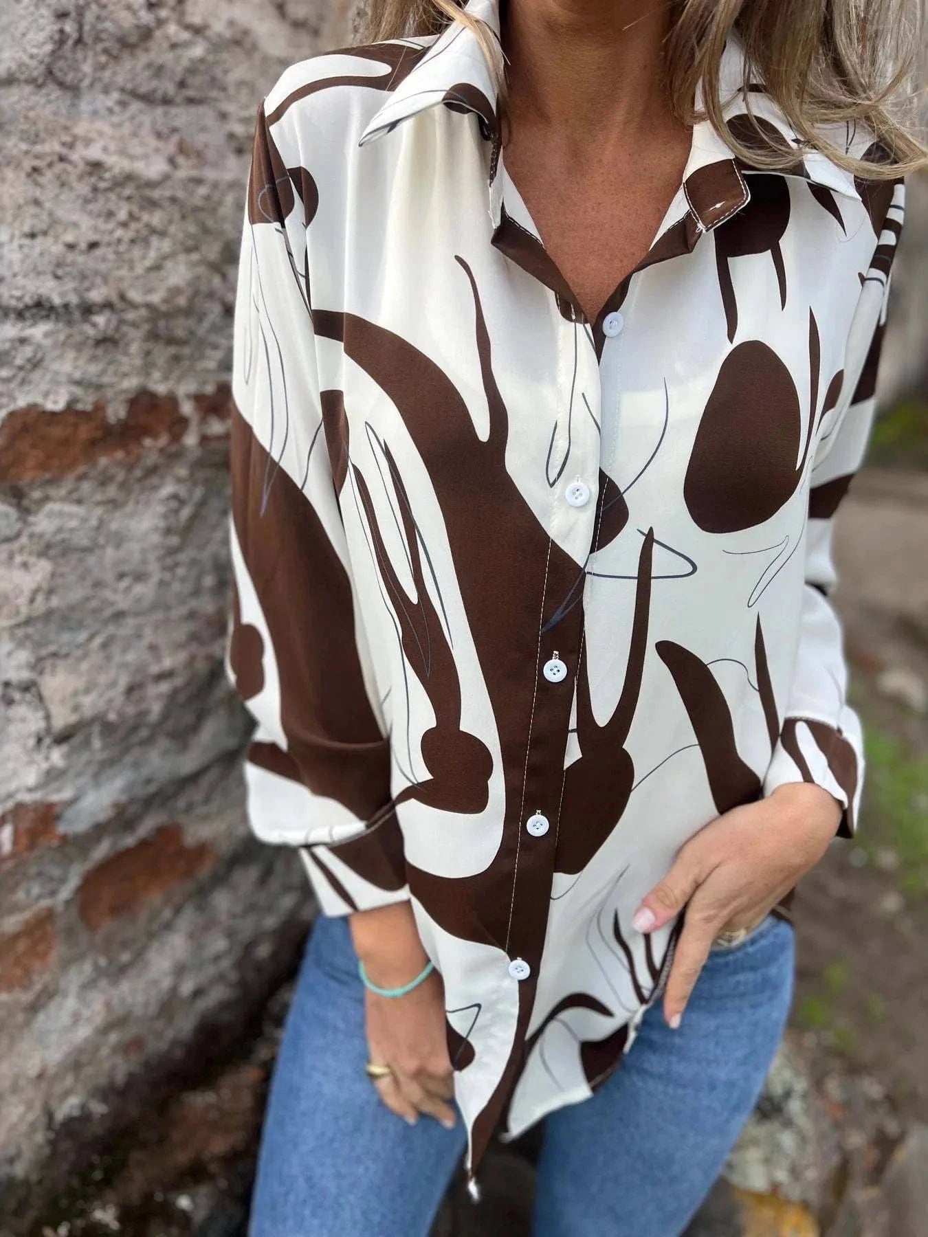 Full Size Abstract Print Long Sleeve Button-Up Shirt Plus Size Tops and T-Shirts