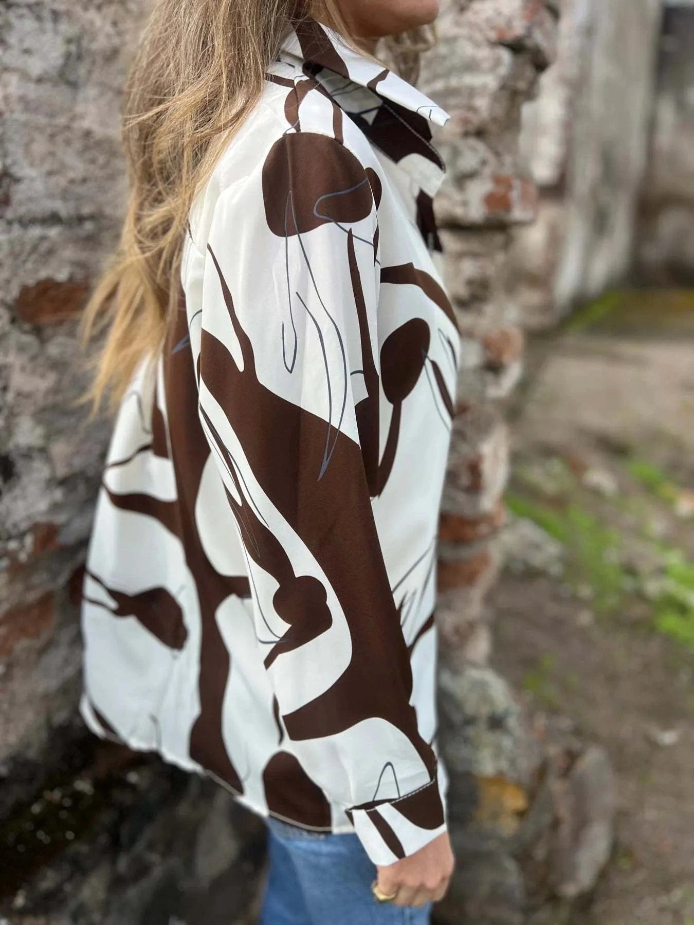 Full Size Abstract Print Long Sleeve Button-Up Shirt Plus Size Tops and T-Shirts