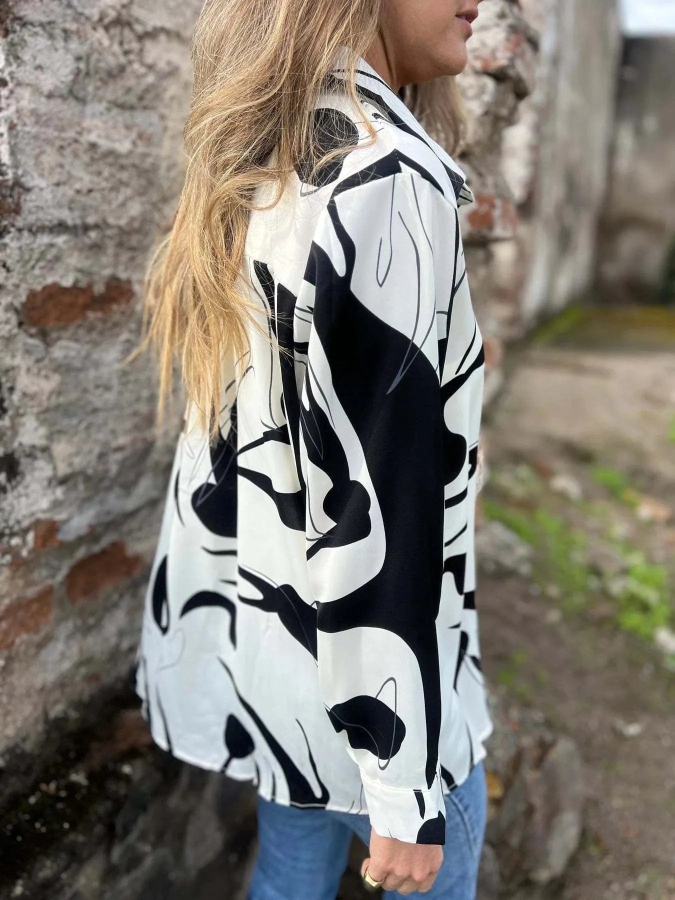 Full Size Abstract Print Long Sleeve Button-Up Shirt Plus Size Tops and T-Shirts