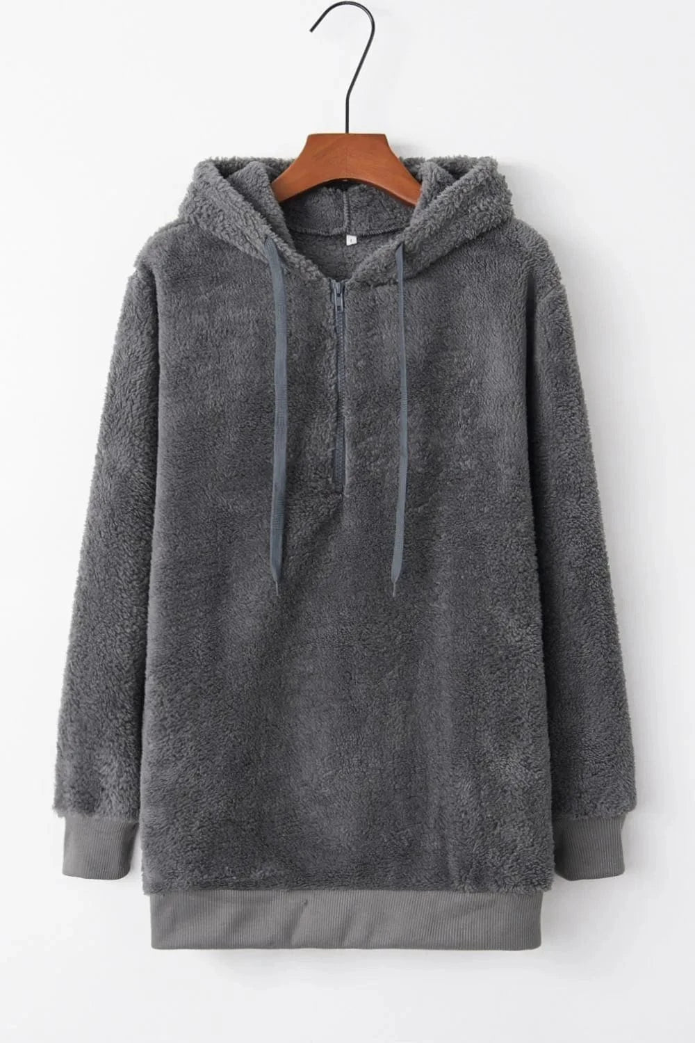 Full Size Quarter-Zip Drawstring Teddy Hoodie Tops and T-Shirts