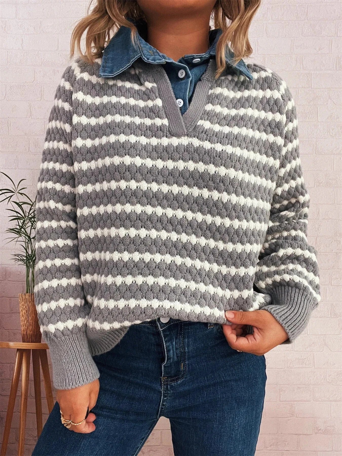 Gray One Size Contrast Striped Sweater with Denim Collar Tops and T-Shirts