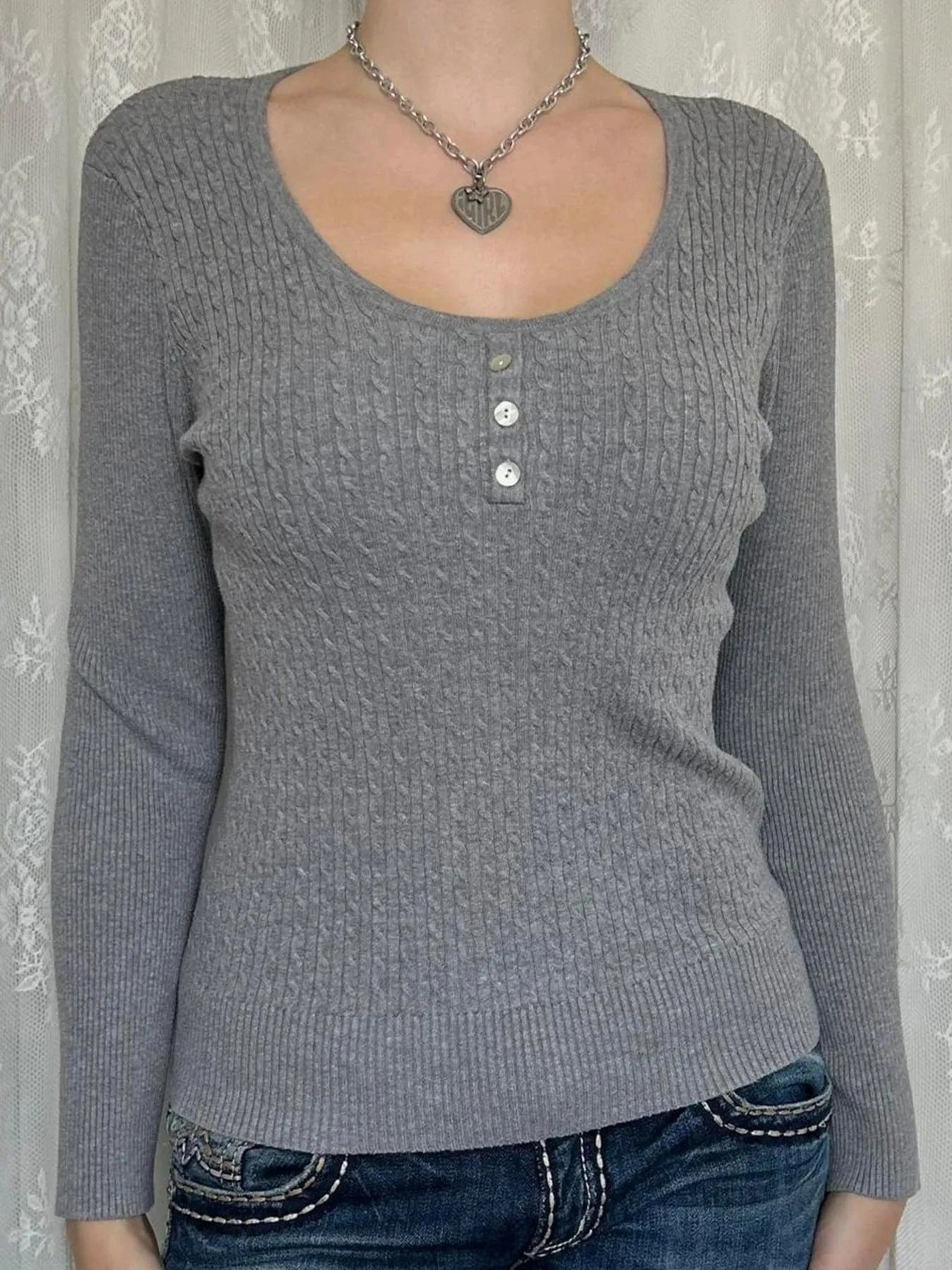 Gray Button Detail Long Sleeve Cable Knit Top Tops and T-Shirts