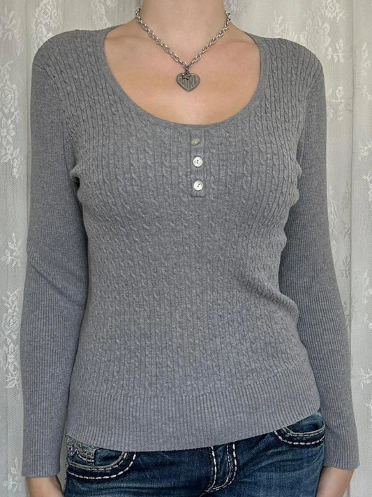 Gray Button Detail Long Sleeve Cable Knit Top Tops and T-Shirts