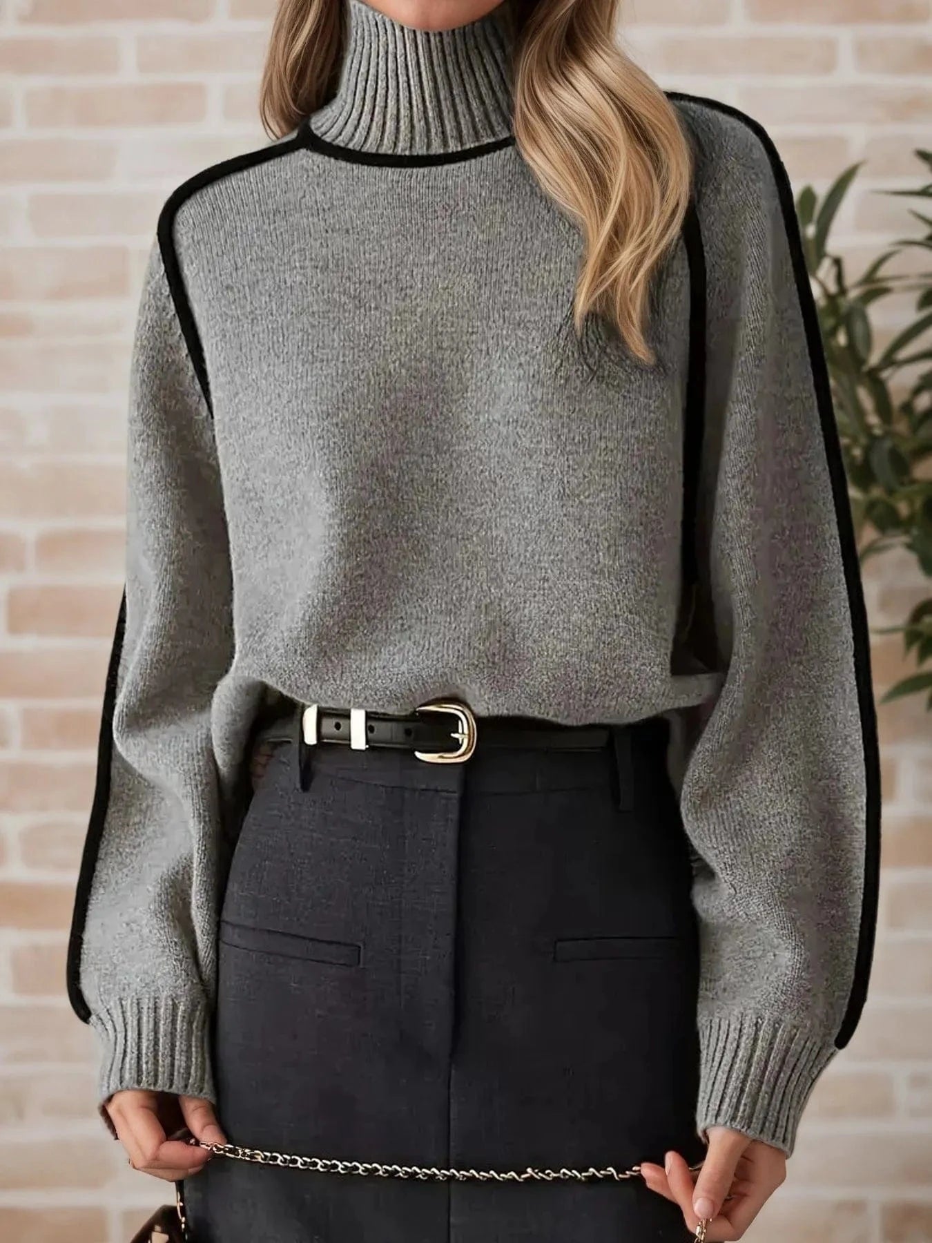 Gray Contrast Trim Turtleneck Sweater Tops and T-Shirts
