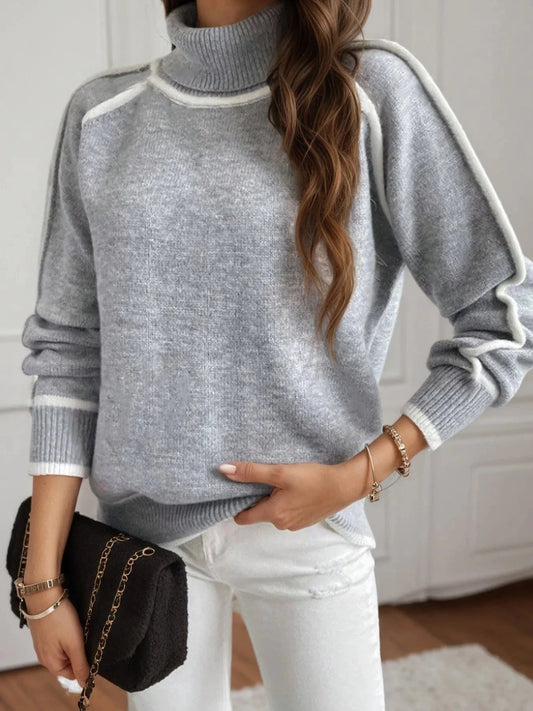 Gray Turtleneck Contrast Trim Sweater with Ribbed Details Tops and T-Shirts