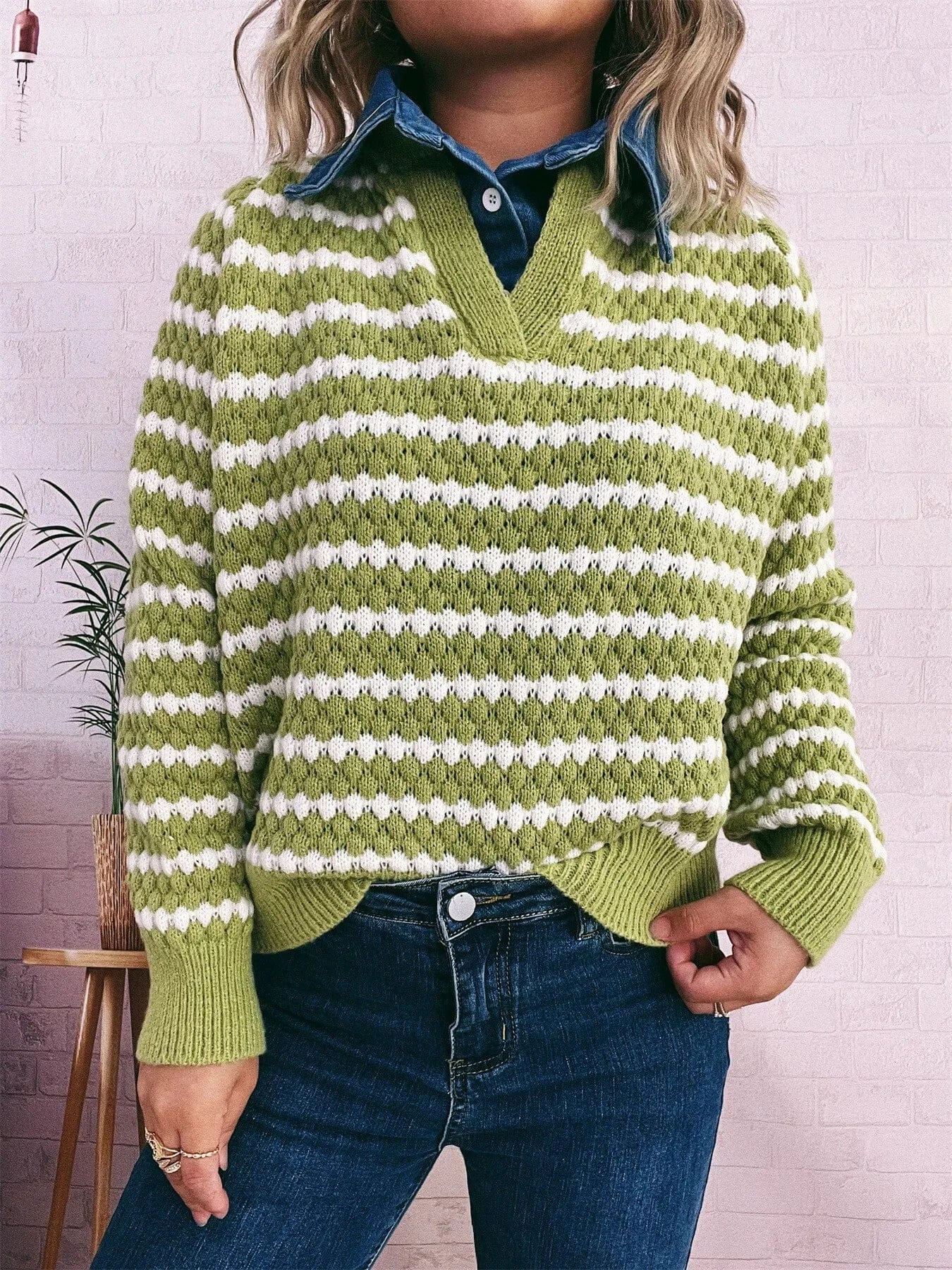 Green One Size Contrast Striped Sweater with Denim Collar Tops and T-Shirts