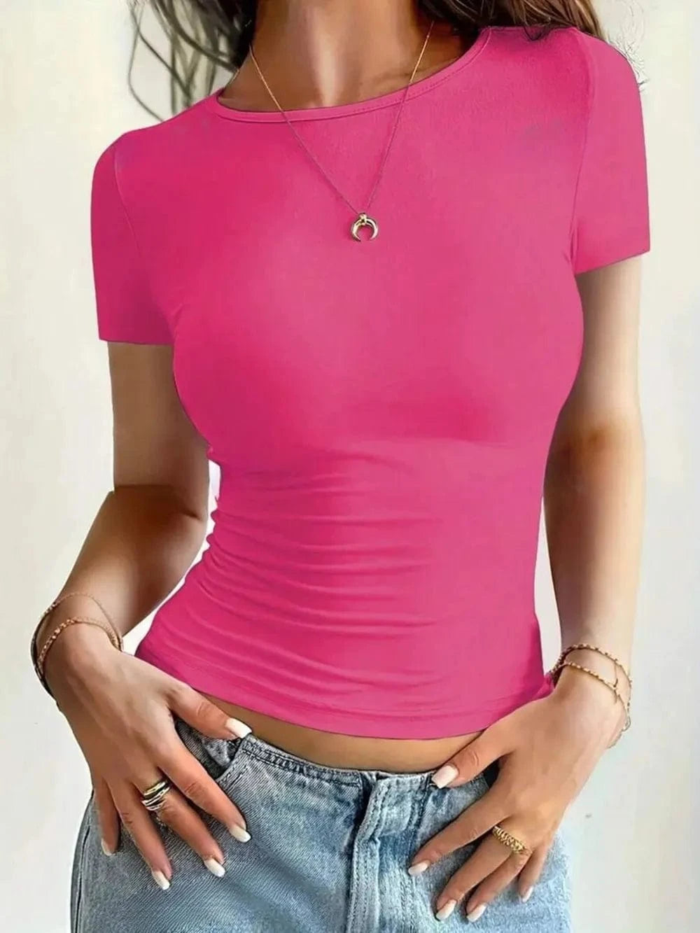 Hot Pink Round Neck Short Sleeve T-Shirt Tops and T-Shirts