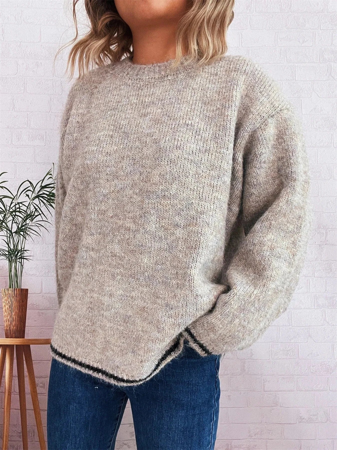 Khaki One Size Contrast Trim Round Neck Cozy Sweater Tops and T-Shirts