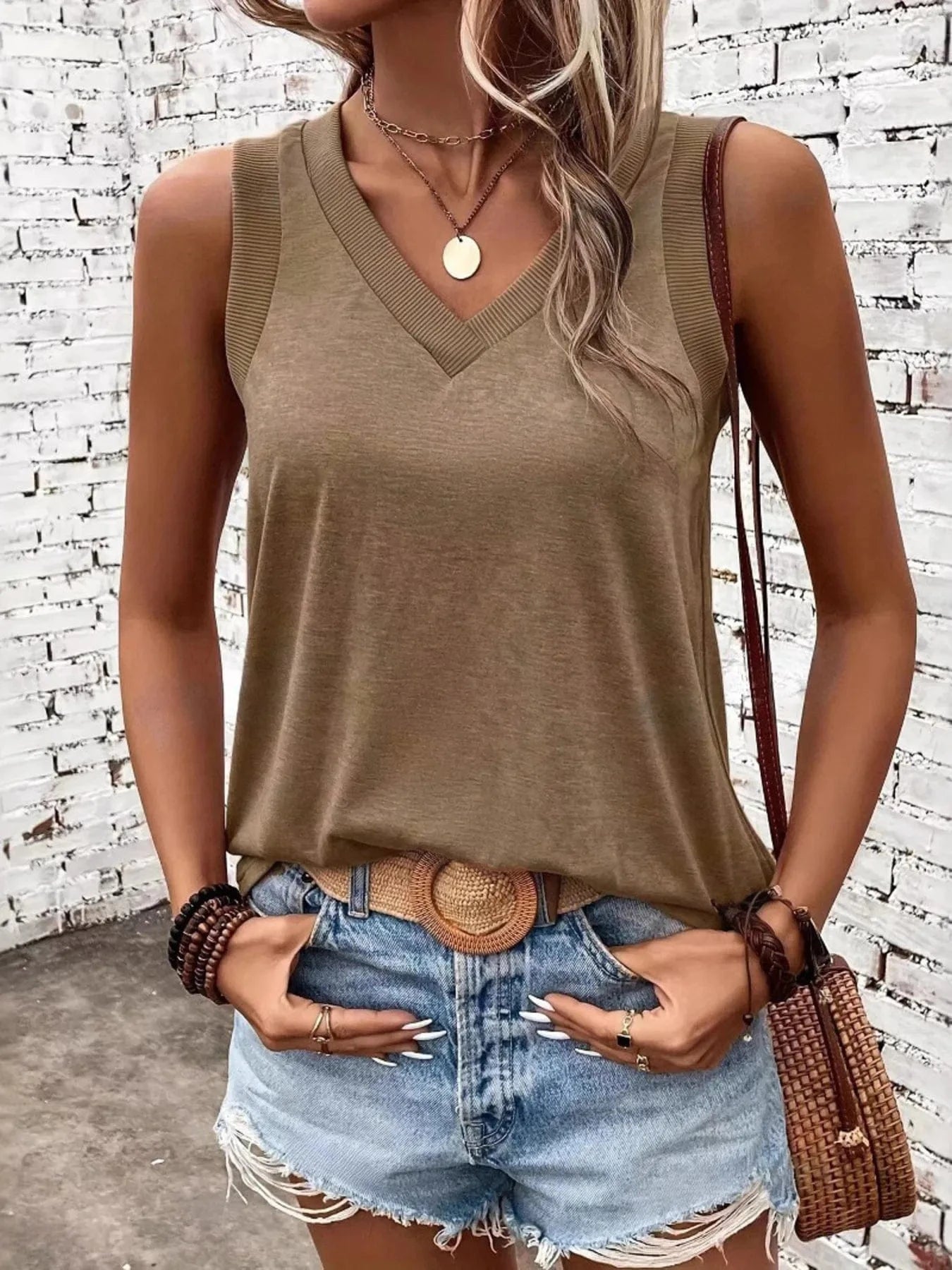 Khaki V-Neck Tank Tops and T-Shirts