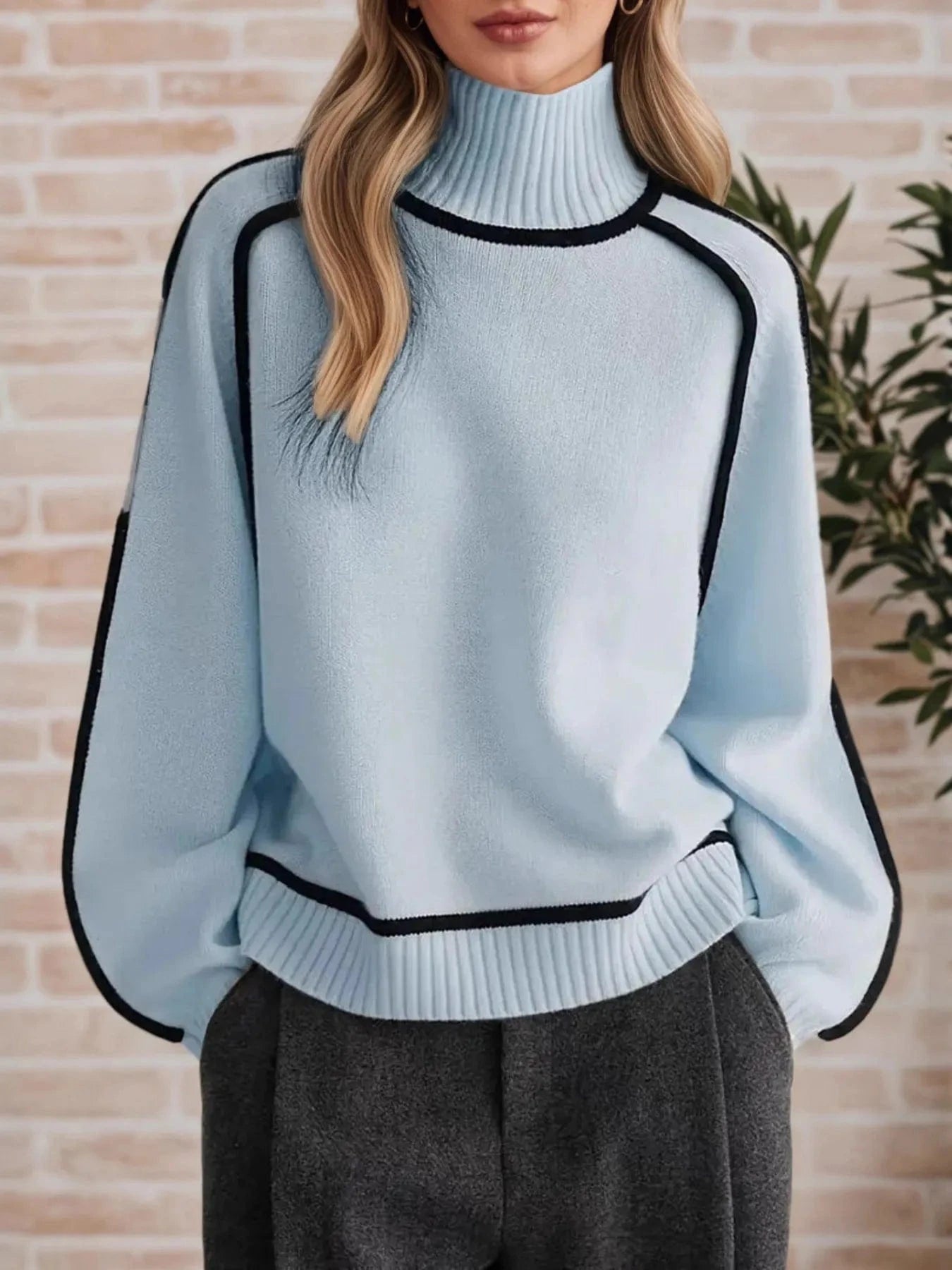 Light Blue Contrast Trim Turtleneck Sweater Tops and T-Shirts