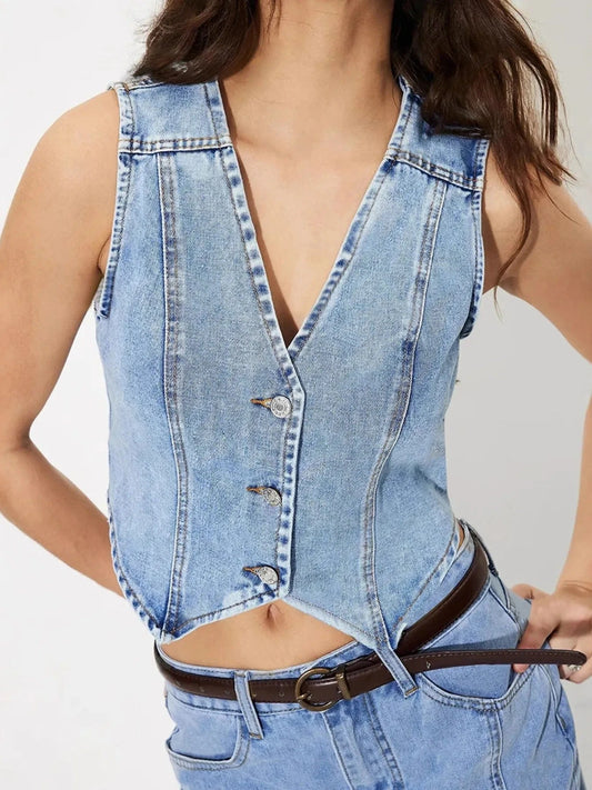 Light Blue Button-Up Sleeveless Denim Vest Tops and T-Shirts
