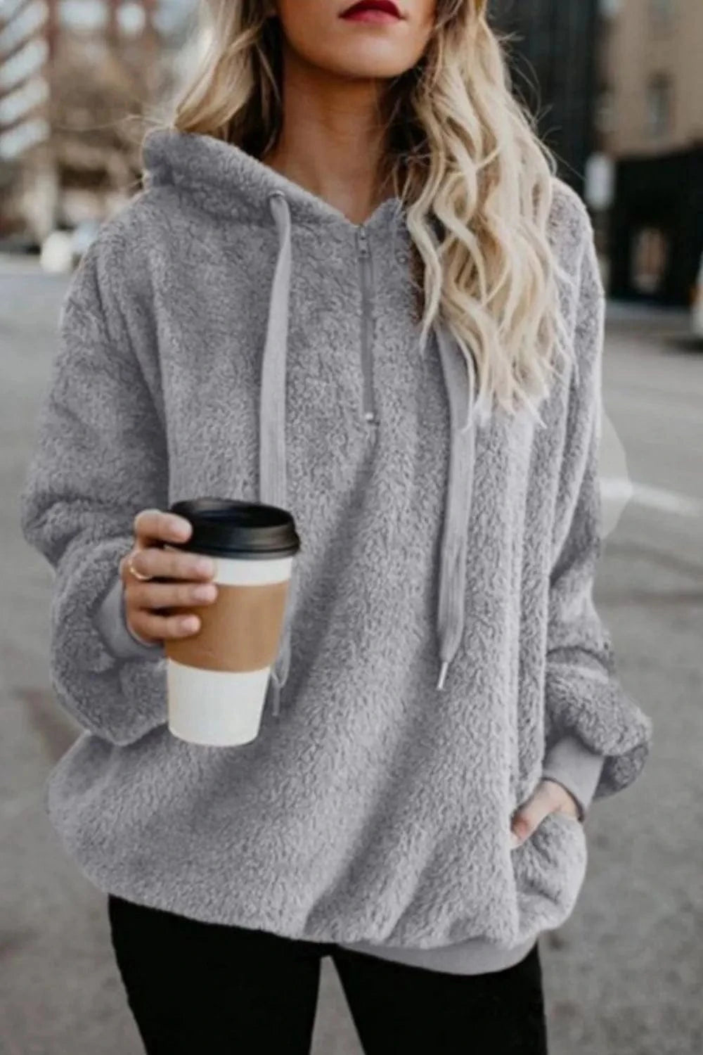 Light Gray Full Size Quarter-Zip Drawstring Teddy Hoodie Tops and T-Shirts
