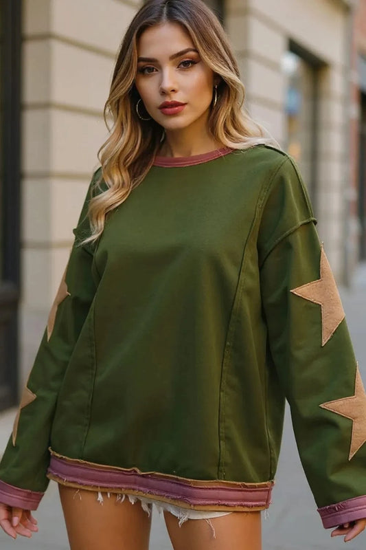 Moss Double Take Star Patched Long Sleeve Sweatshirt Tops and T-Shirts