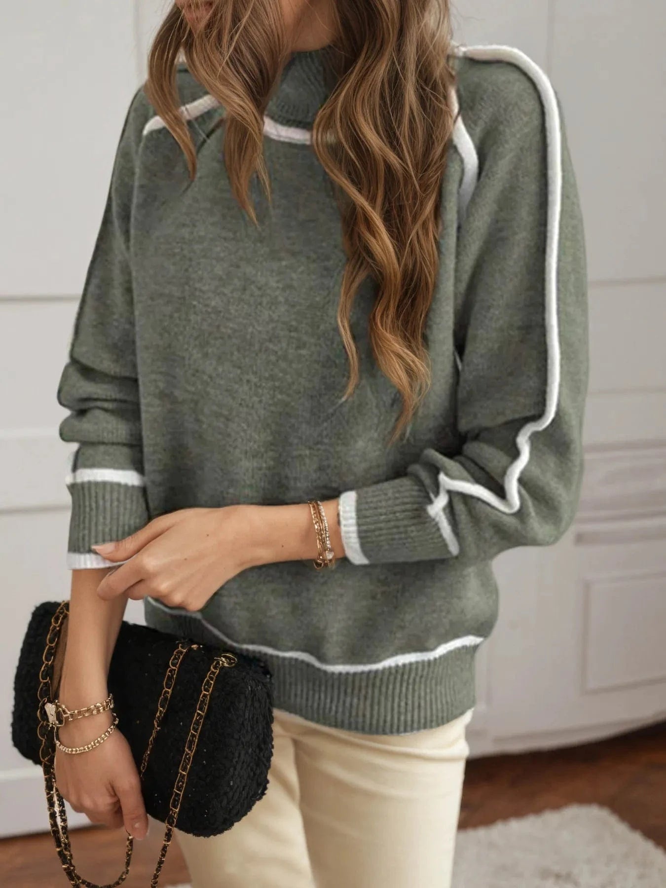 Moss Turtleneck Contrast Trim Sweater with Ribbed Details Tops and T-Shirts