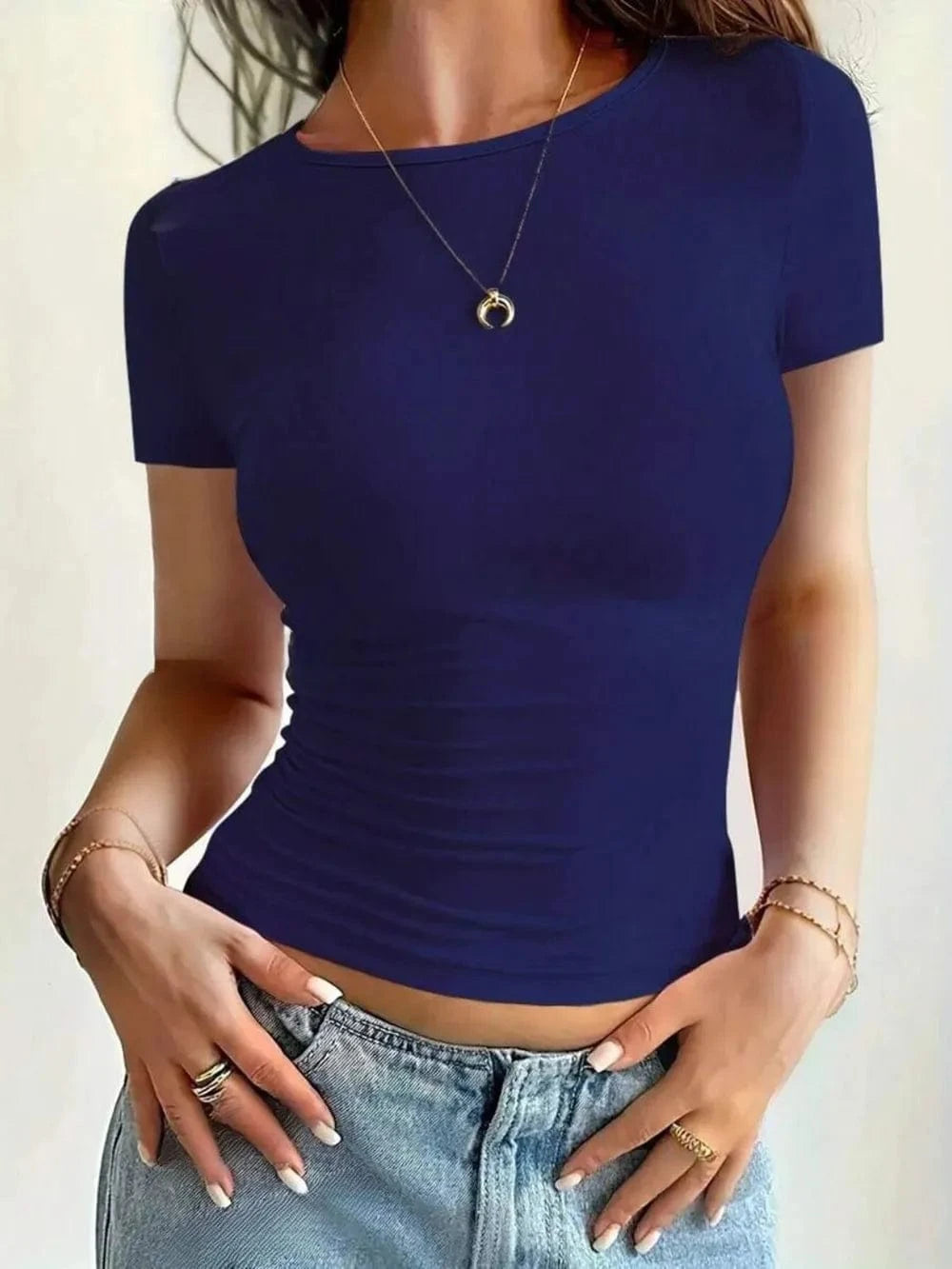 Navy Round Neck Short Sleeve T-Shirt Tops and T-Shirts