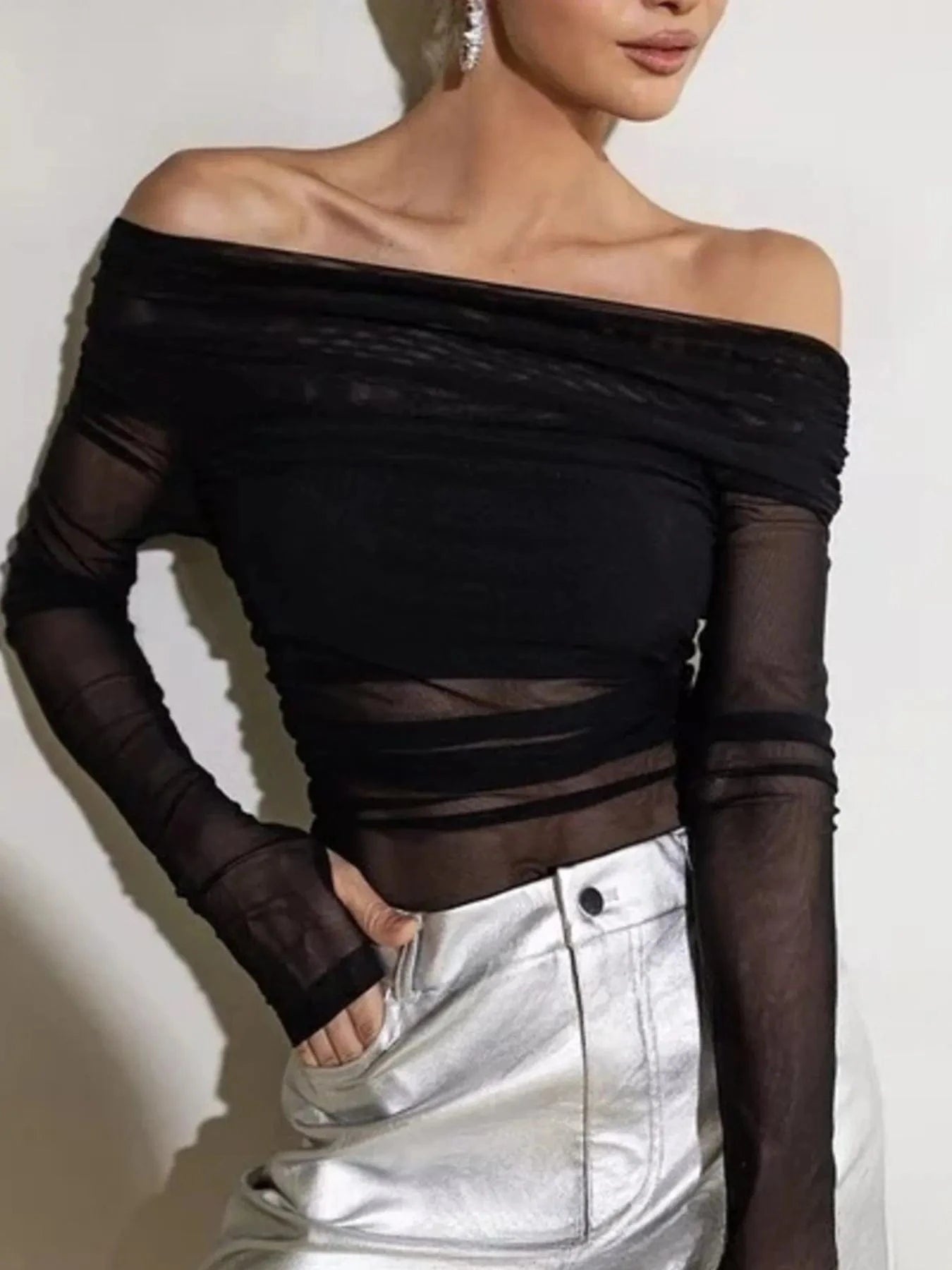 Off-Shoulder Long Sleeve Mesh Bodysuit Tops and T-Shirts