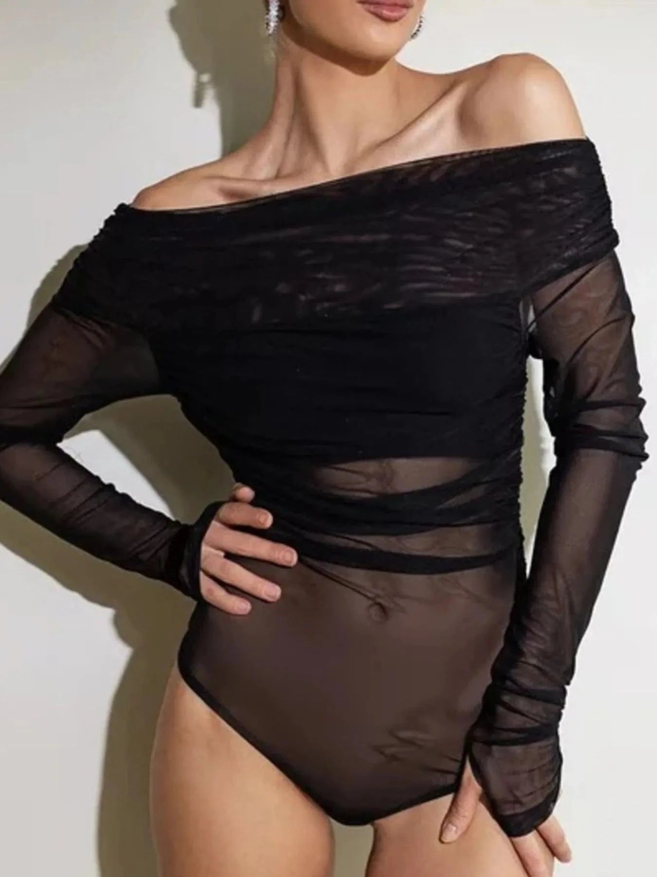 Off-Shoulder Long Sleeve Mesh Bodysuit Tops and T-Shirts