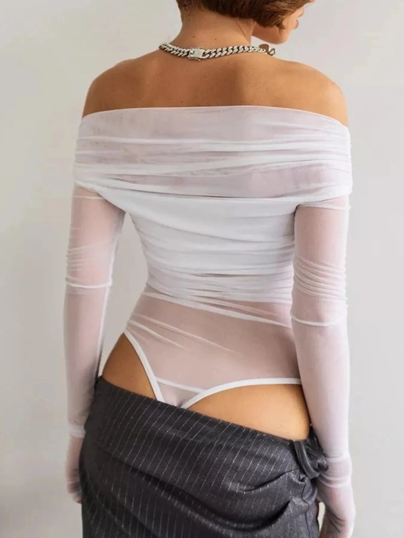 Off-Shoulder Long Sleeve Mesh Bodysuit Tops and T-Shirts