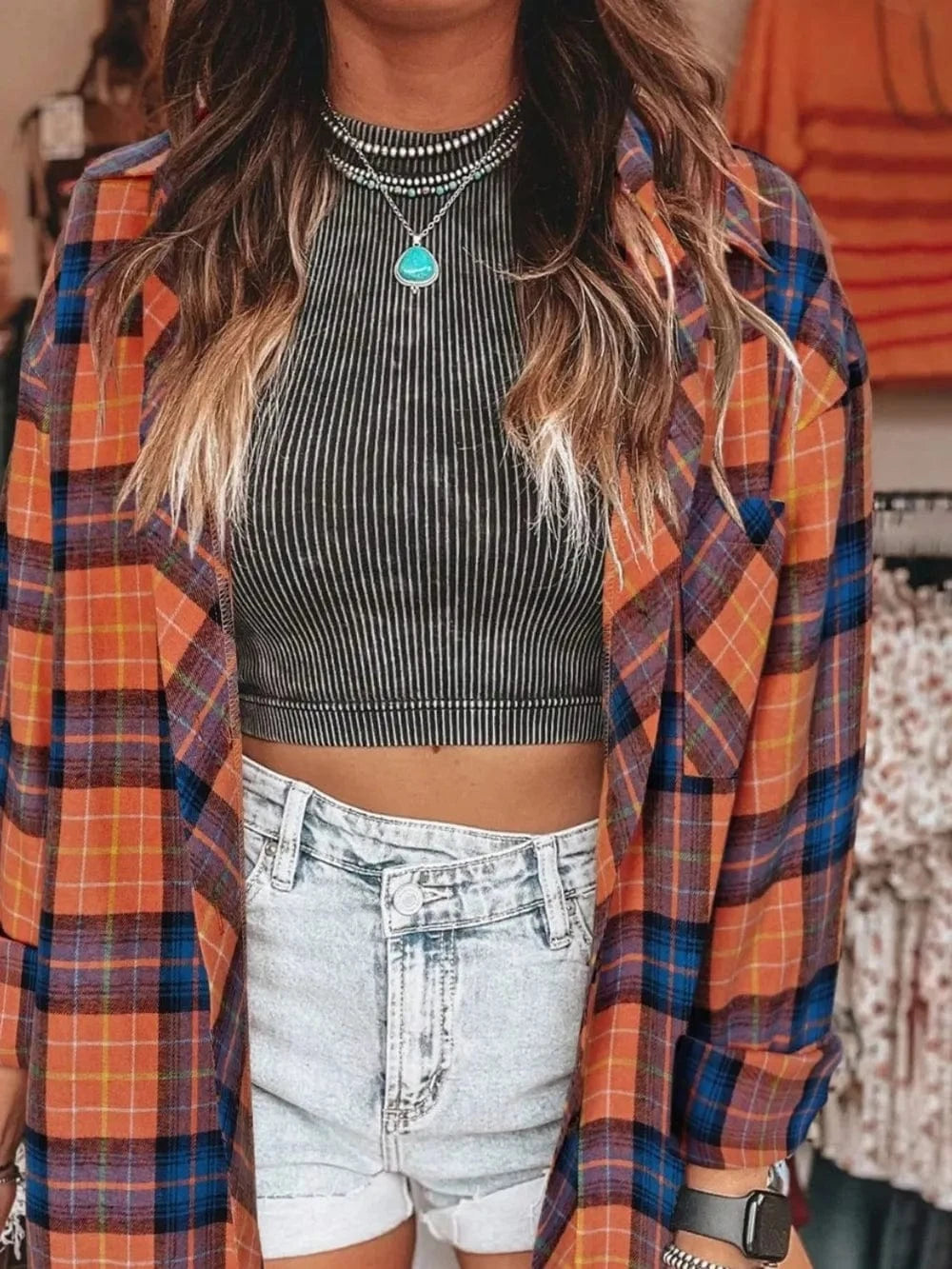 Orange Plaid Collared Neck Long Sleeve Shirt Tops and T-Shirts