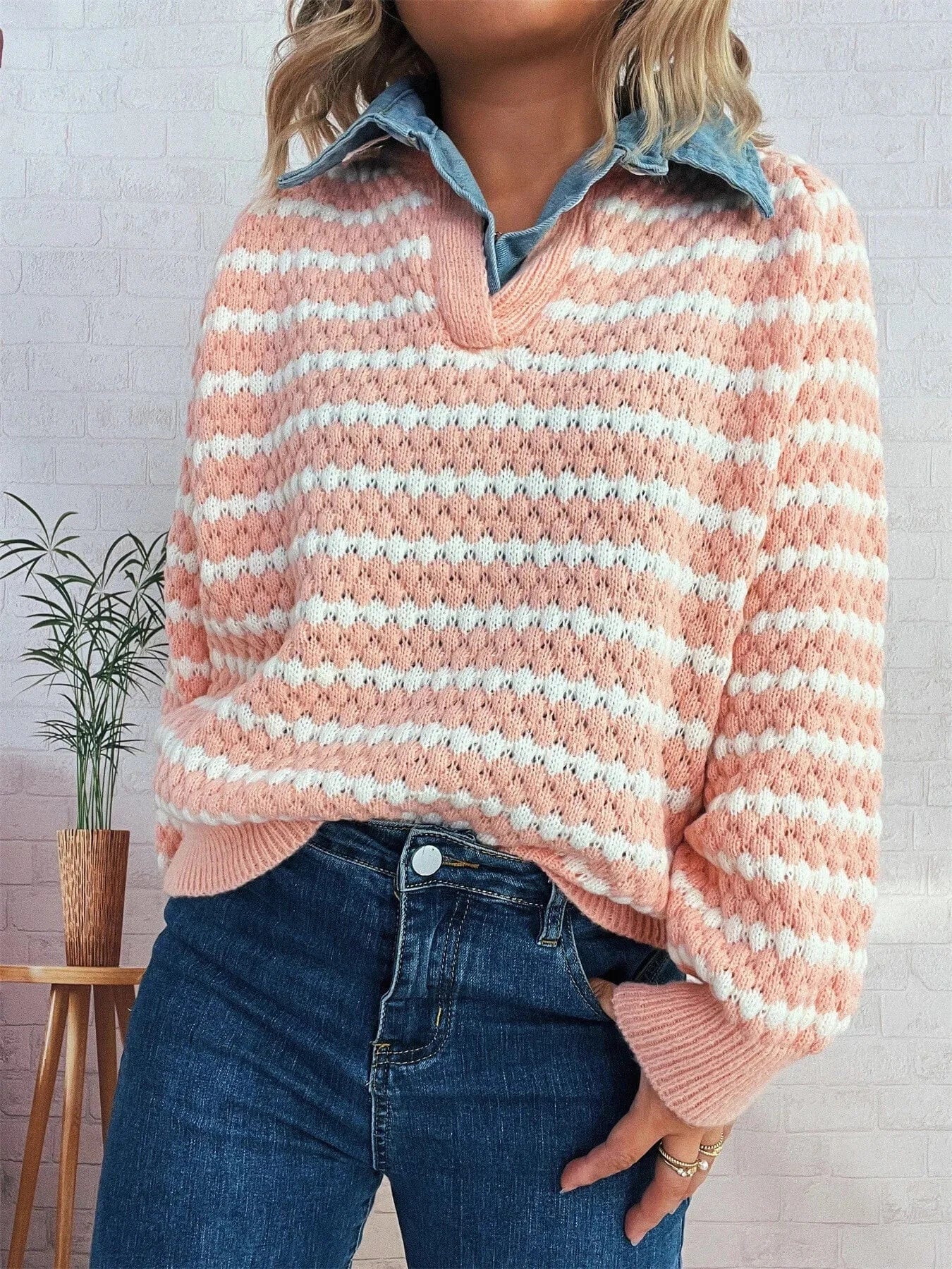 Pink One Size Contrast Striped Sweater with Denim Collar Tops and T-Shirts