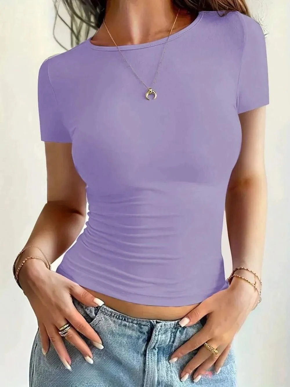 Pink Purple Round Neck Short Sleeve T-Shirt Tops and T-Shirts