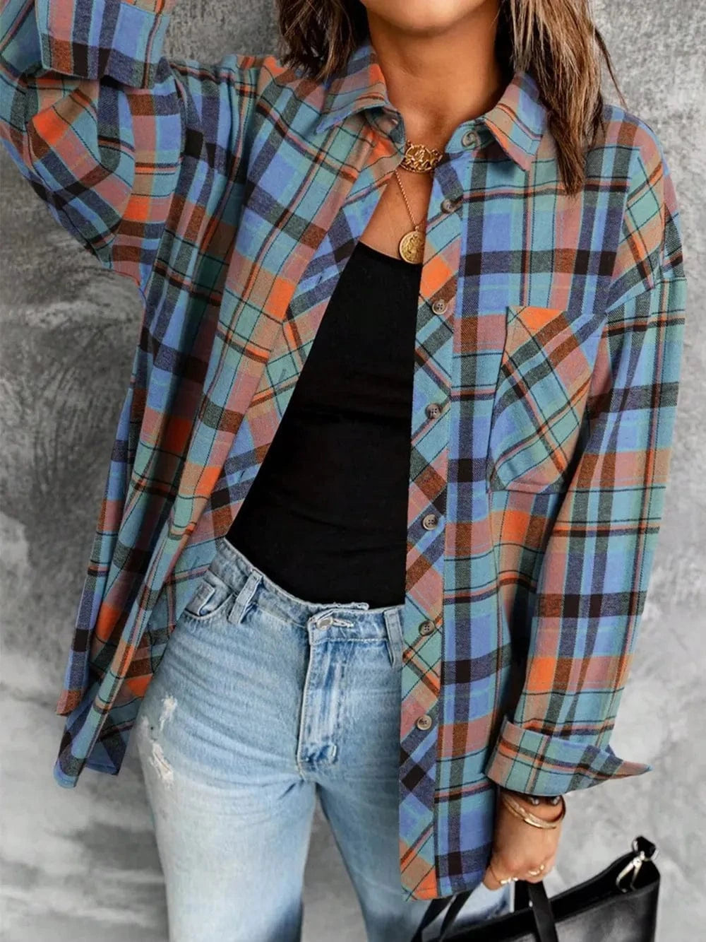 Plaid Collared Neck Long Sleeve Shirt Tops and T-Shirts