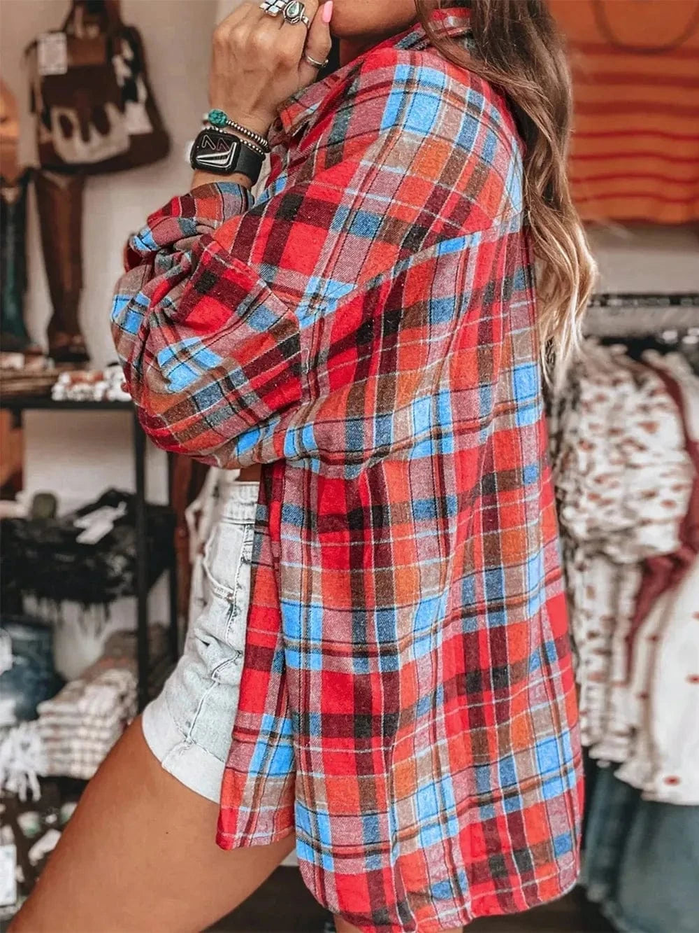 Plaid Collared Neck Long Sleeve Shirt Tops and T-Shirts