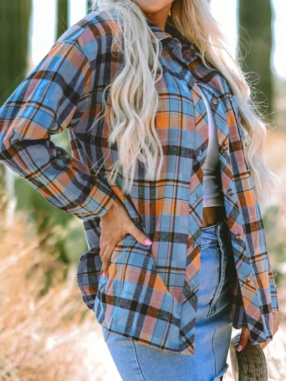 Plaid Collared Neck Long Sleeve Shirt Tops and T-Shirts