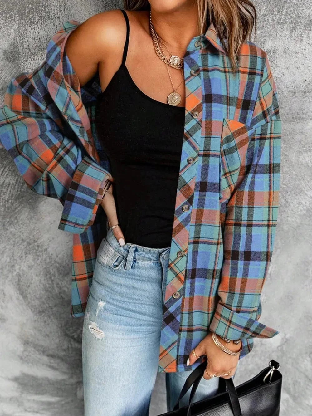 Plaid Collared Neck Long Sleeve Shirt Tops and T-Shirts