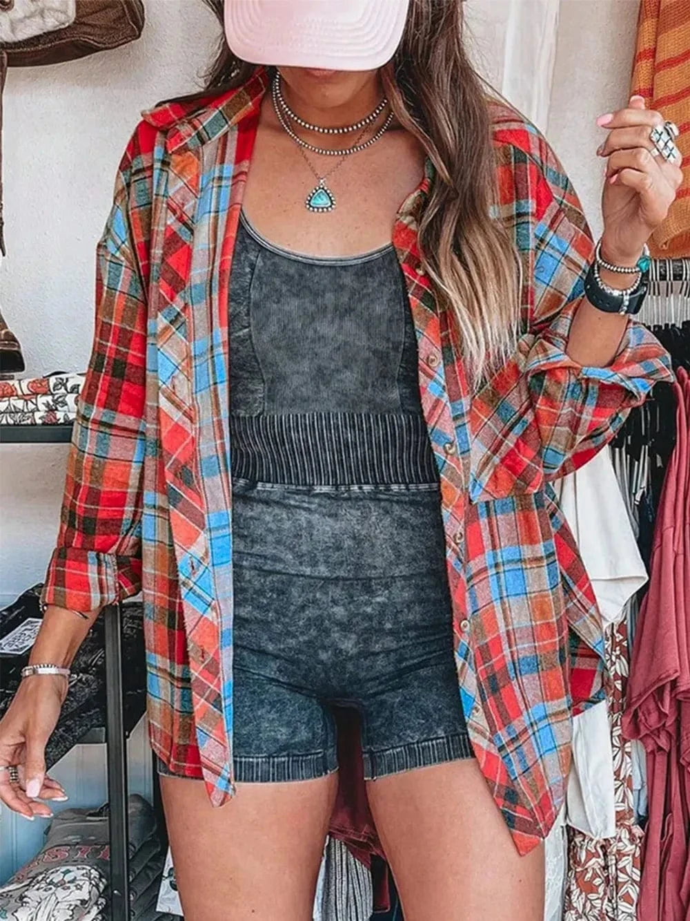 Plaid Collared Neck Long Sleeve Shirt Tops and T-Shirts