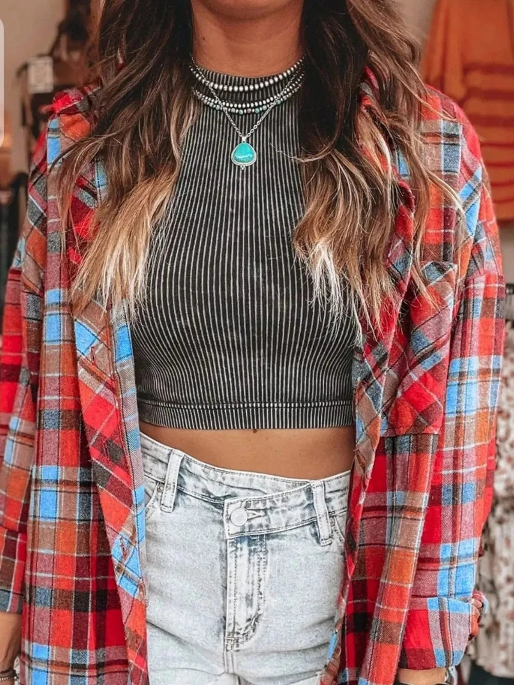 Plaid Collared Neck Long Sleeve Shirt Tops and T-Shirts