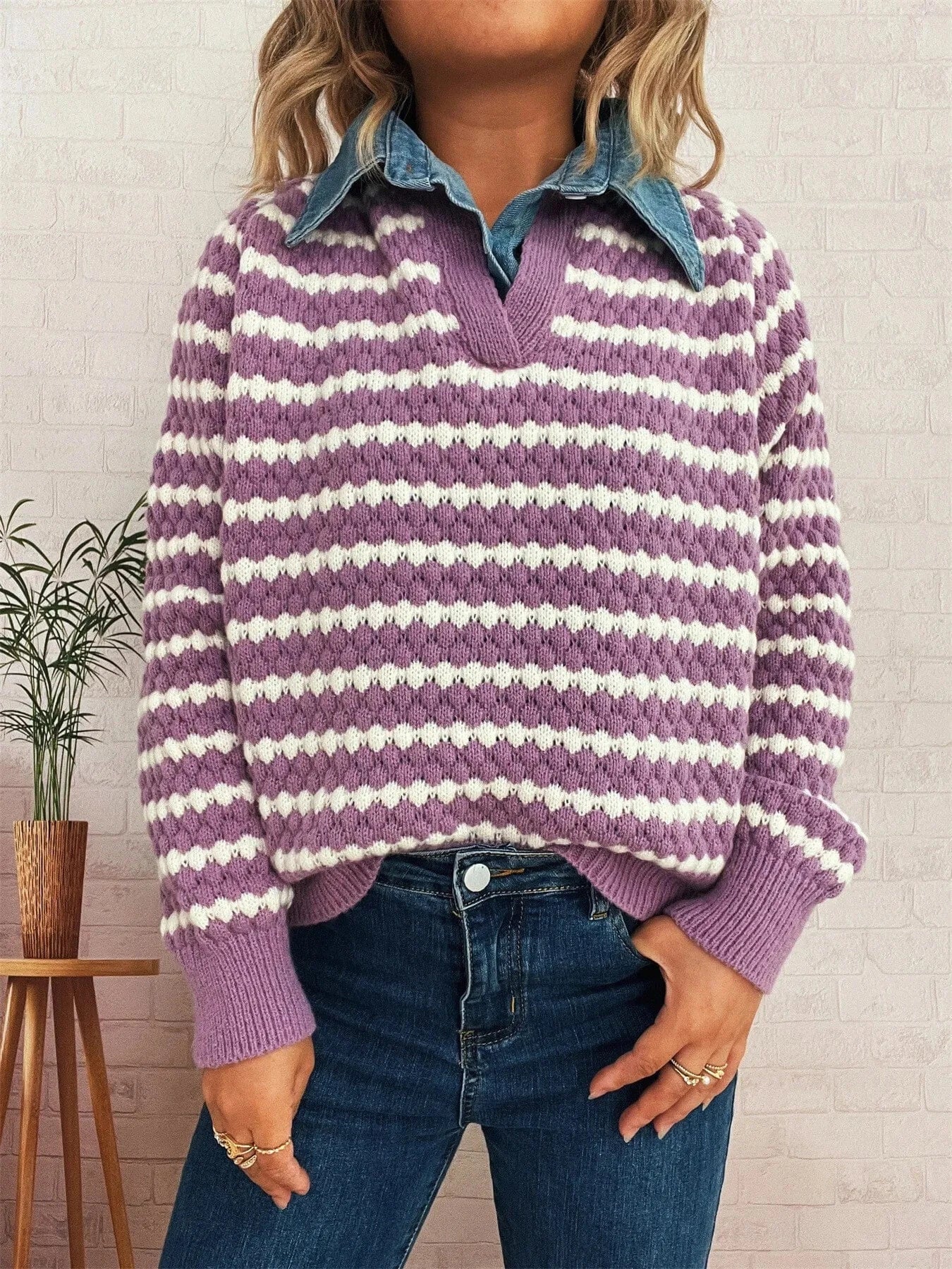 Purple One Size Contrast Striped Sweater with Denim Collar Tops and T-Shirts