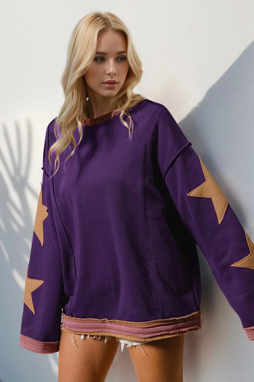 Purple Double Take Star Patched Long Sleeve Sweatshirt Tops and T-Shirts