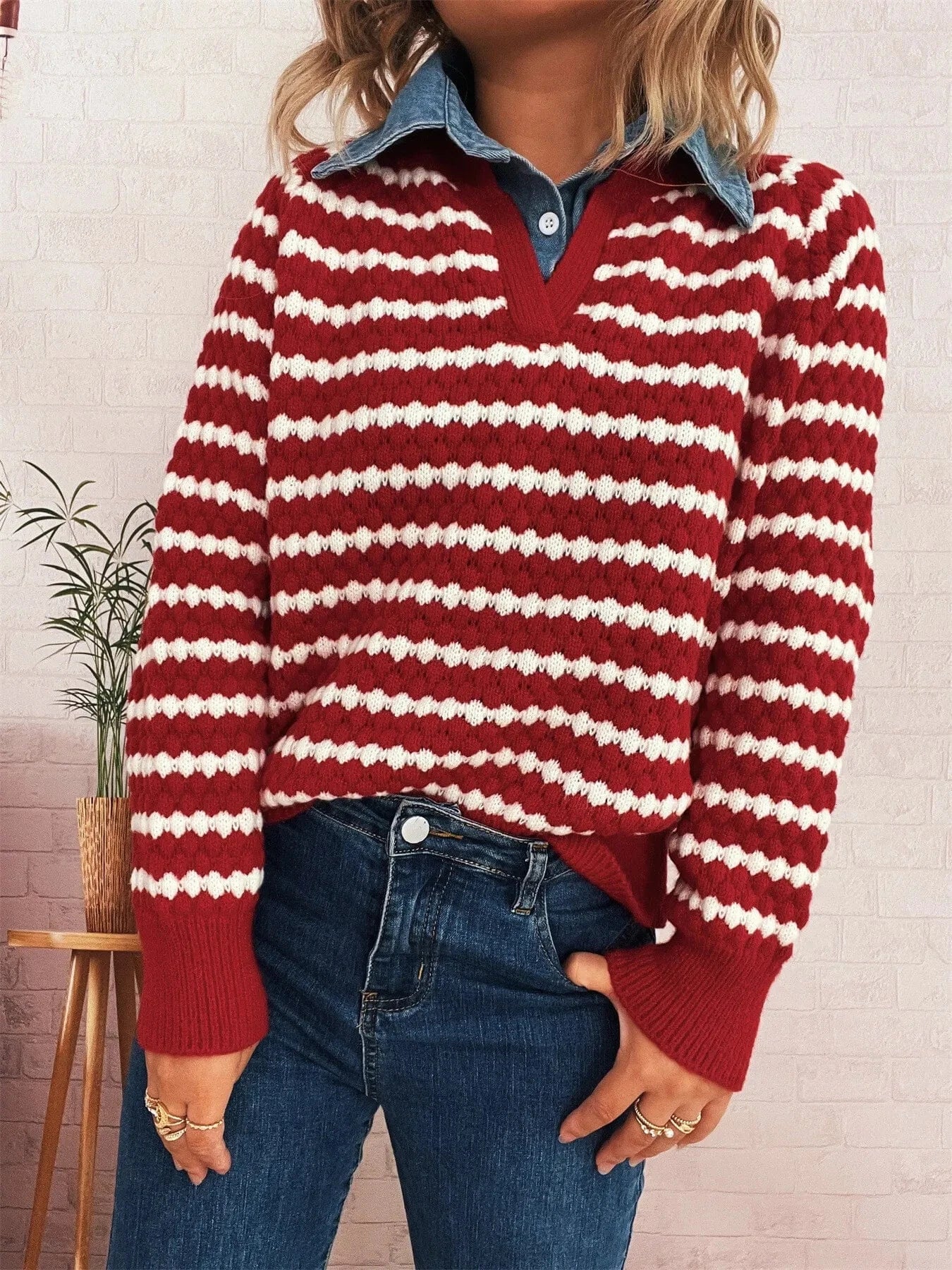 Red One Size Contrast Striped Sweater with Denim Collar Tops and T-Shirts
