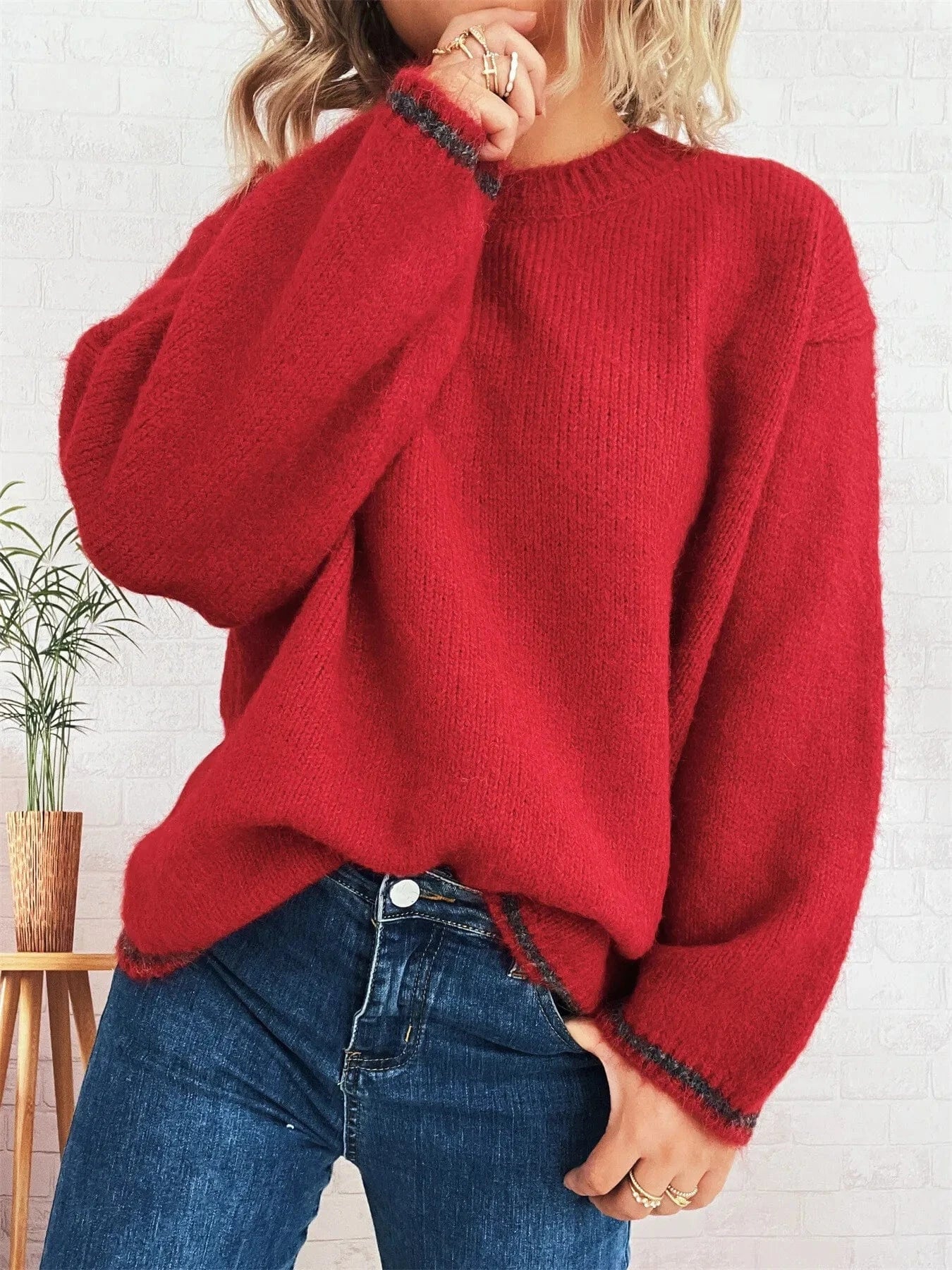 Red One Size Contrast Trim Round Neck Cozy Sweater Tops and T-Shirts