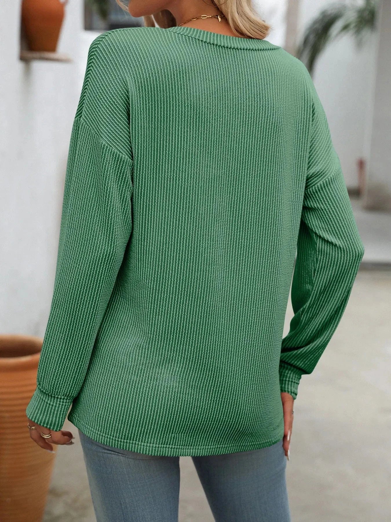 Ribbed V-Neck Long Sleeve T-Shirt Tops and T-Shirts