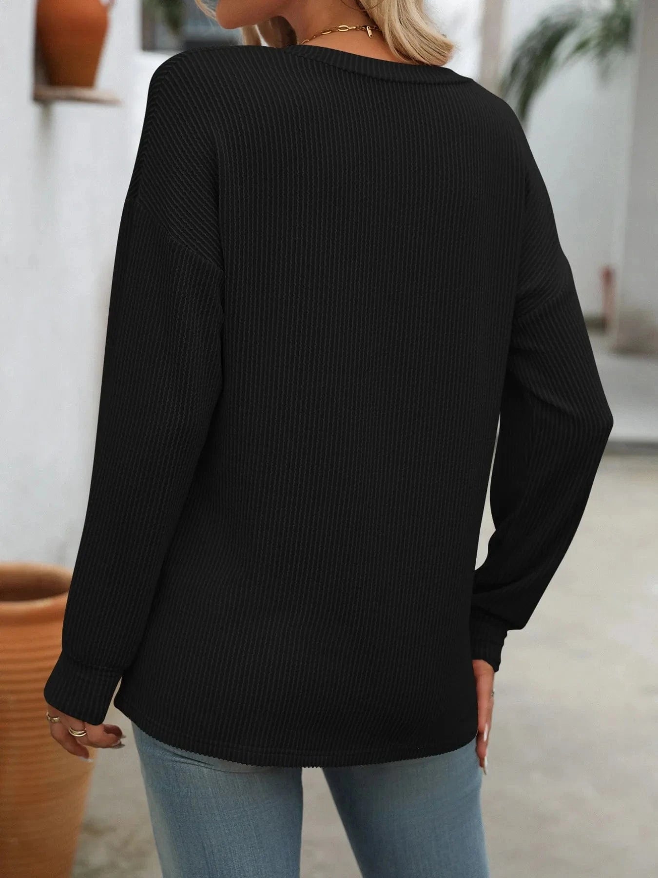Ribbed V-Neck Long Sleeve T-Shirt Tops and T-Shirts